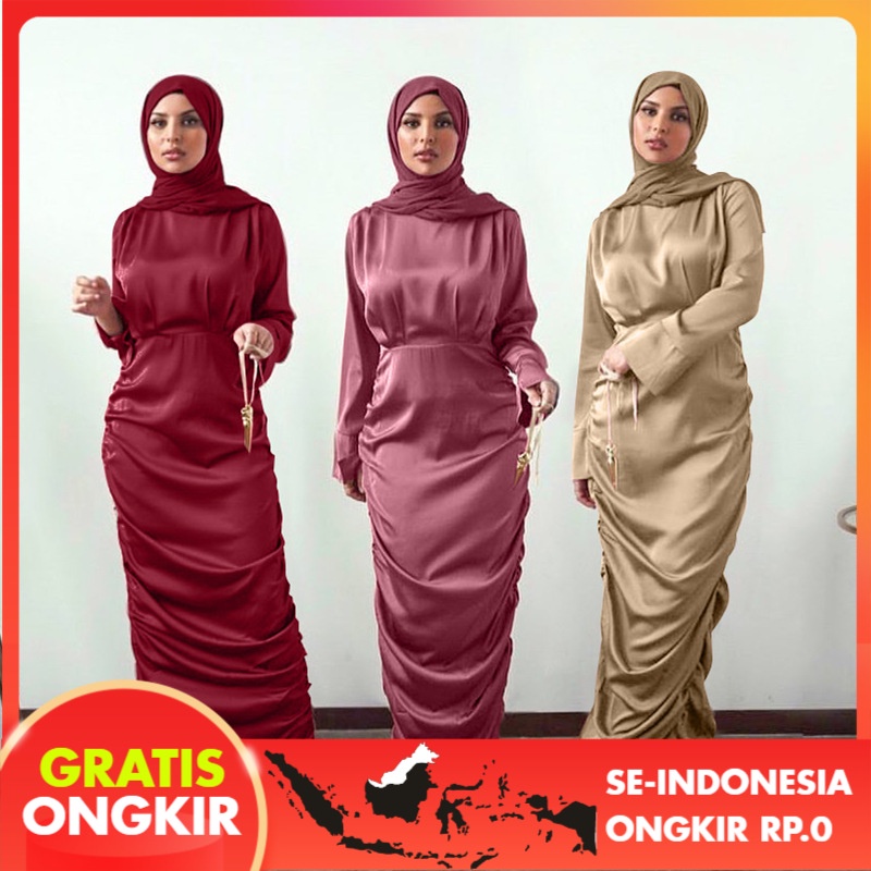 Pakaian Wanita 2021  Lembut Pinggang Serut Gaun    Dubai Satin Dress Lr441