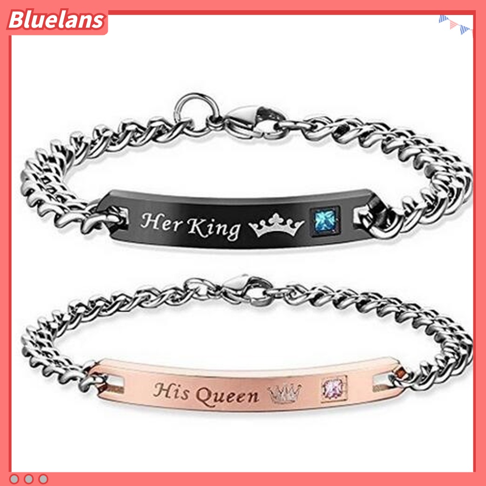 Gelang Pasangan Bahan Titanium Steel Motif Tulisan Her Beast King His Beauty Queen