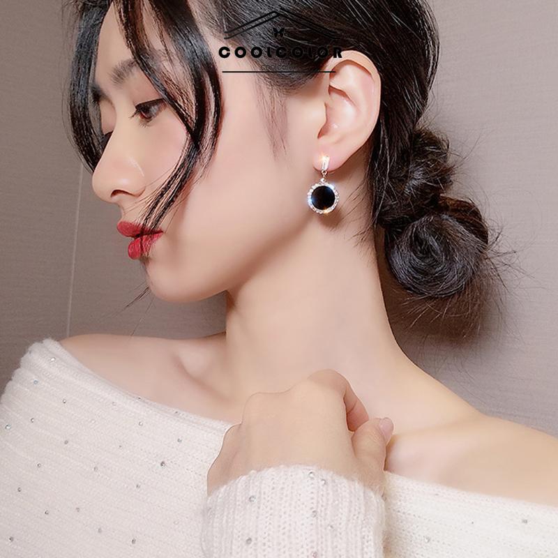 COD❤️1 Sepasang Anting Perak 925 Pejantan Pejantan Geometris Berlian Hitam Wanita Aksesoris Fashion Mewah Korea