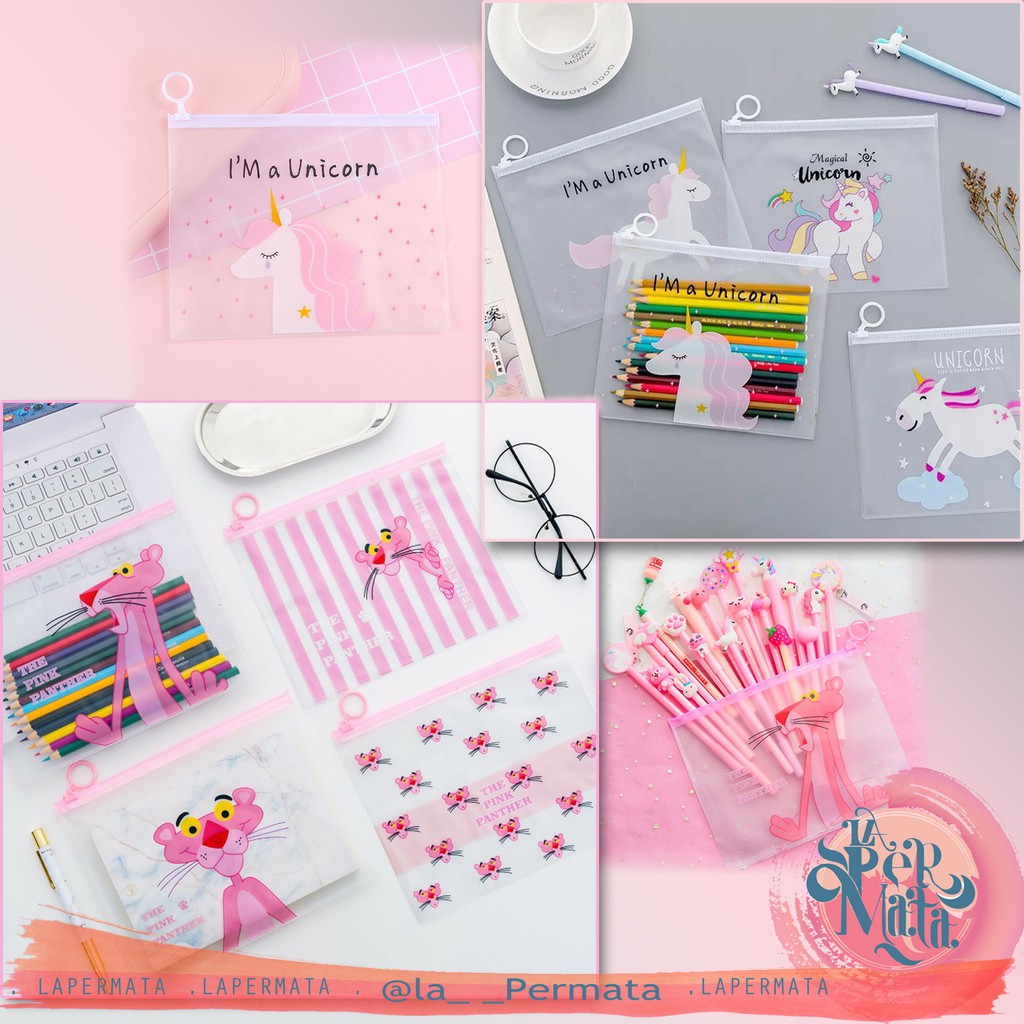 Pouch Kosmetik TRANSPARAN MOTIF UNICORN | PINK PANTHER Murah ZIPPER Bag - LPM Shop