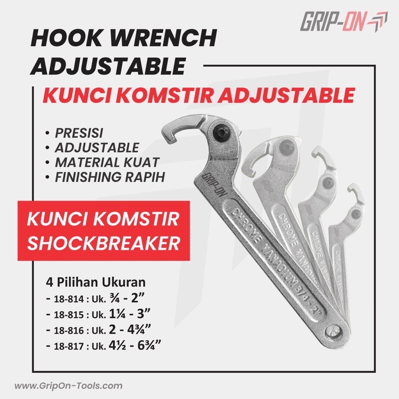 GRIP-ON HOOK WRENCH ADJUSTABLE - KUNCI KOMSTIR FLEXIBLE - KUNCI KAIT FLEKSIBEL