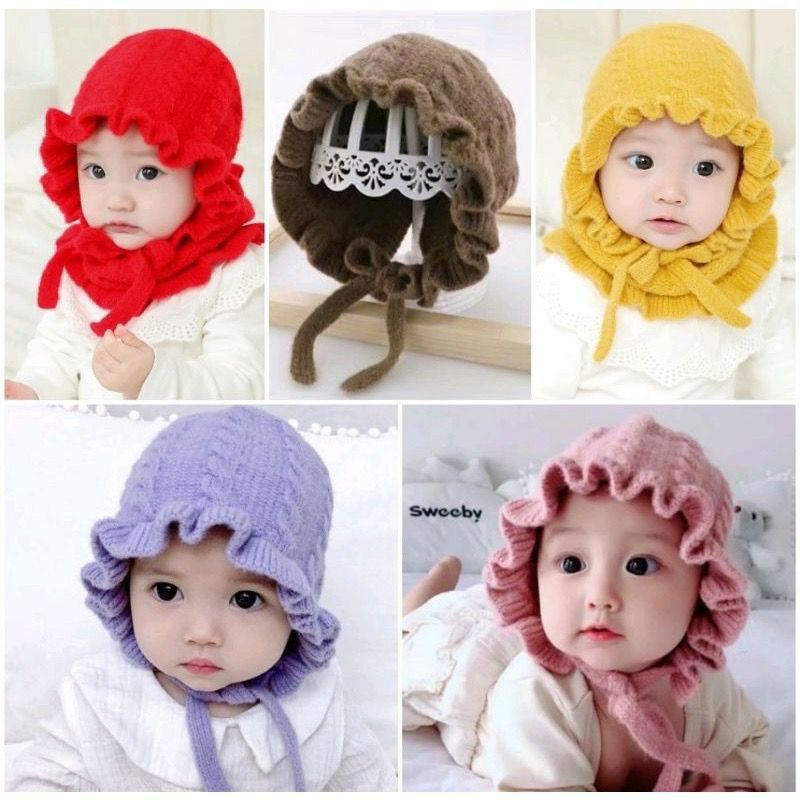 Topi Kupluk Rajut Casual Aksen Ruffle Warna Polos untuk Bayi Perempuan Usia 6-5 tahun topi renda