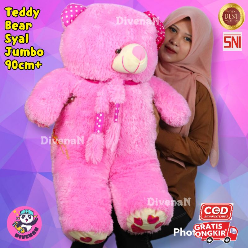 Boneka jumbo teddy bear syal telapak warna baby pink doger / boneka beruang besar lucu empuk