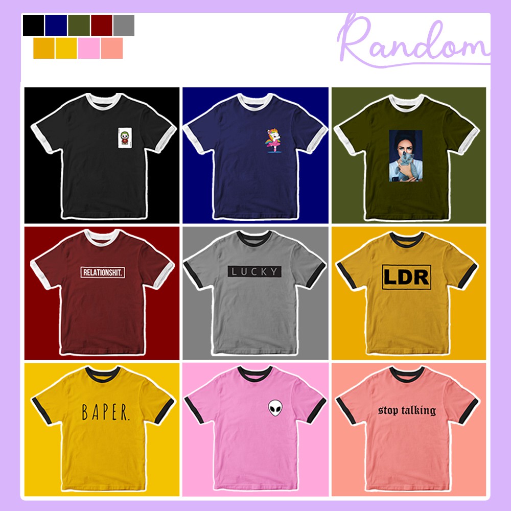 BAJU KAOS RINGER TEE MOTIF RANDOM FOR CEWEK TUMBLR TEE SOFT SPANDEK T-SHIRT - YELONIX