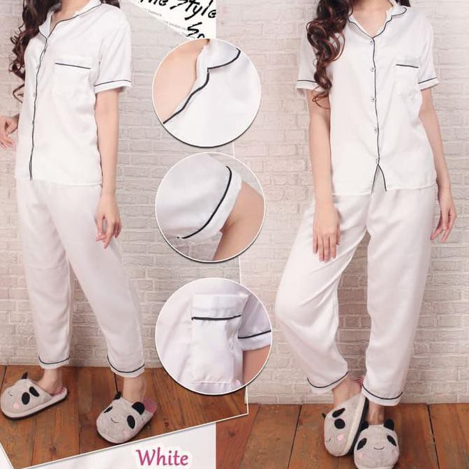 Barang Berkualitas Piyama Satin - Piyama - Baju Tidur - Fashion Wanita - Pakaian Tidur - Putih MURAH