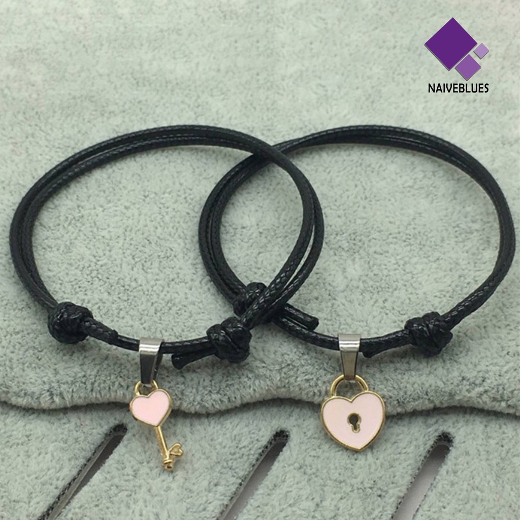 Naiveblue 1 Pasang Gelang Tangan Rantai Aksen Gembok Hati Bahan Resin Untuk Pasangan / Pria / Wanita