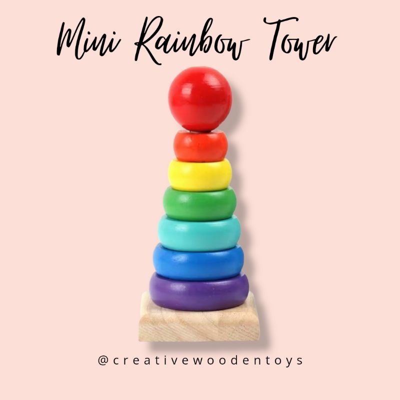 Mini Rainbow Tower, Rainbow stacking, Mainan sensory, Wooden toys