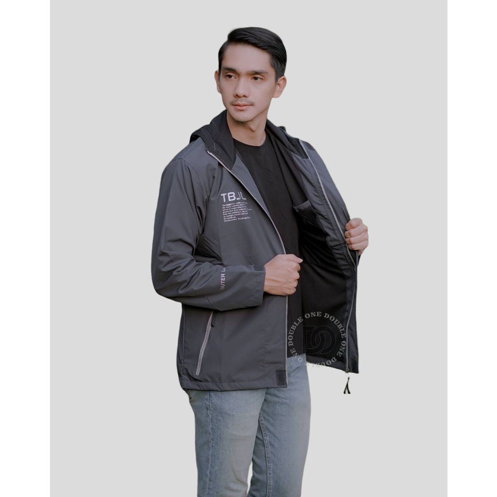 DOUBLE ONE - Jaket Pria Outdoor Taslan Original THE BOJIEL / Jaket Waterproof / Jaket Hoodie Parasut Pria / Jaket Hoodie Anti Air Abu - Abu