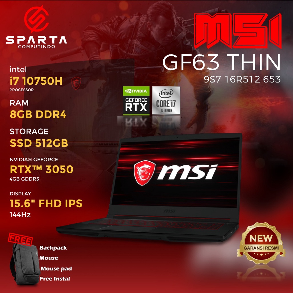 LAPTOP GAMING MSI GF63 THIN 9S7 16R512 653 NEW GARANSI RESMI