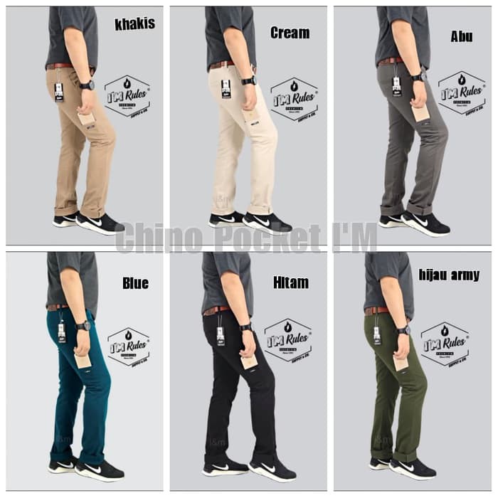 Celana Chino panjang Pocket pria I'M Hitam Els V8F9