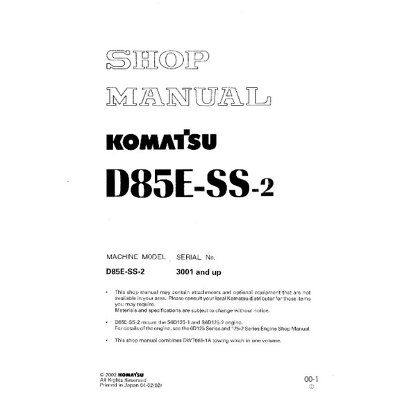 

shop manual bulldozer komatsu D85E-SS-2