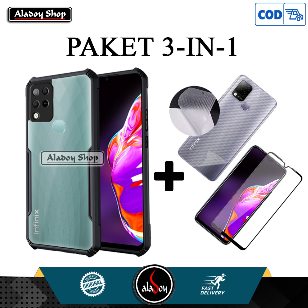PAKET Case INFINIX HOT 10S 2021 Casing + Tempered Glass Layar + Skin Carbon