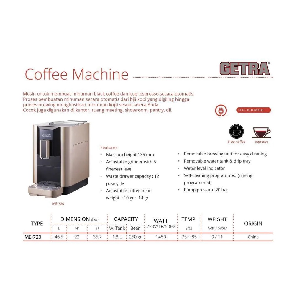 GETRA Coffee Machine ME-720 Automatic | Mesin Kopi Otomatis ME720