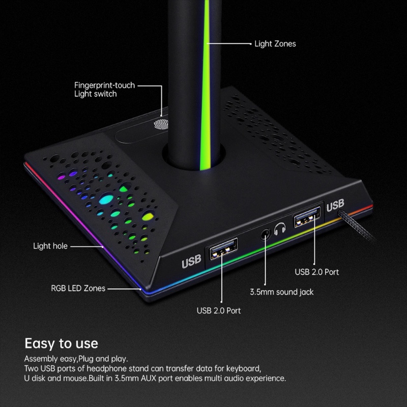 Btsg Bracket Stand Meja Holder Headphone / Headset Premium Dengan Port USB + Lampu RGB