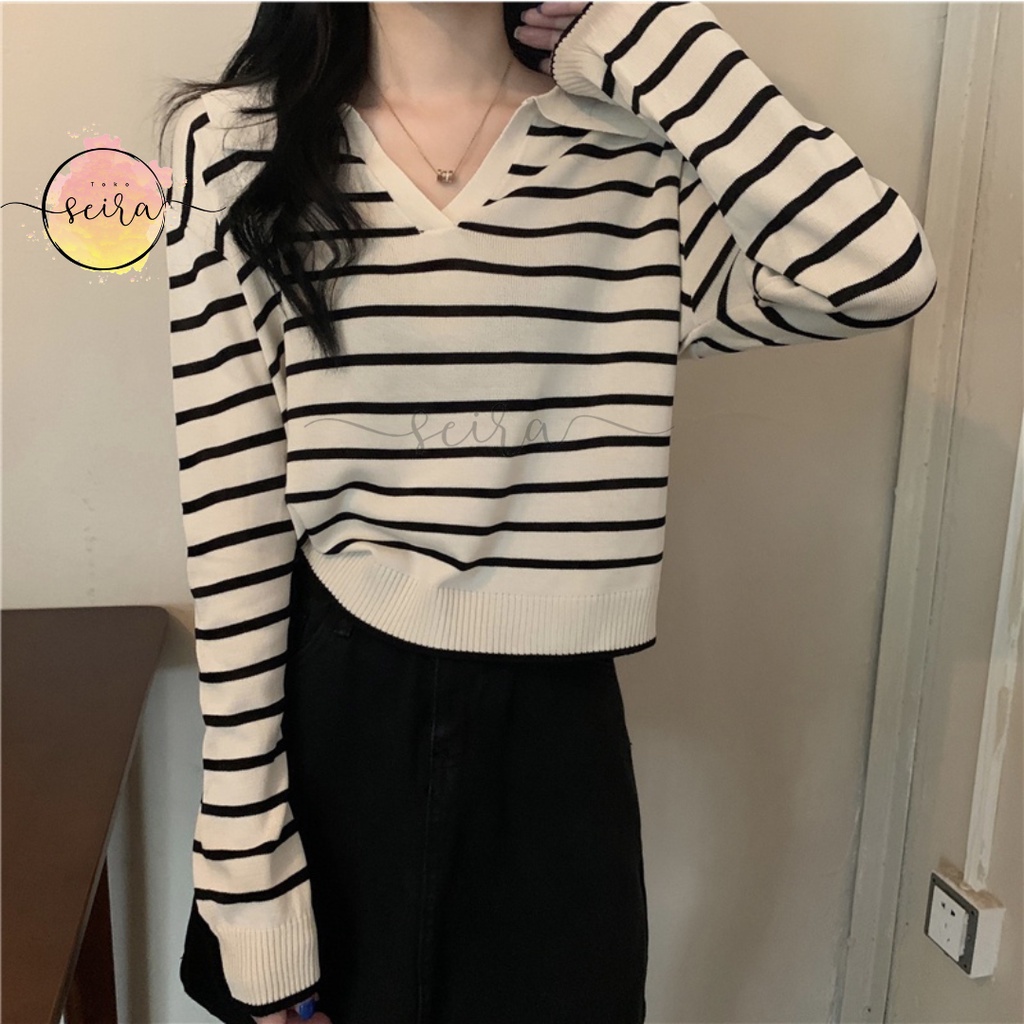 [BISA COD] Knitwear Onnie Thania Knite Blaster / Sweater Korea Bergaris / Knitwear Sweater Crop Rajut Sweater Bergaris Baju Rajut Import Crop Top Lengan Panjang