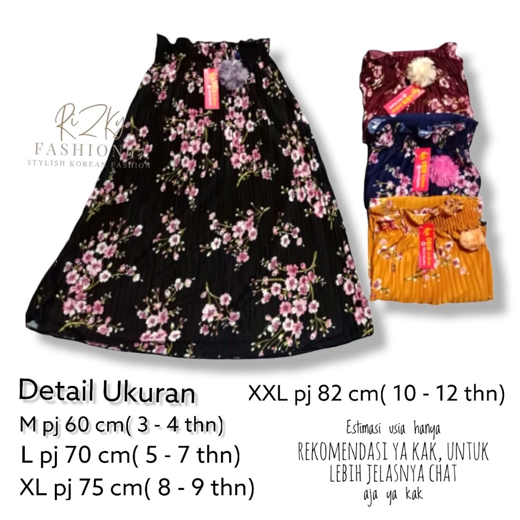 Rok plisket anak trendy pompom motif bunga sakura / rok anak motif bunga sakura 5-12 tahun M L XL XXL / Murah cod / rok anak perempuan /