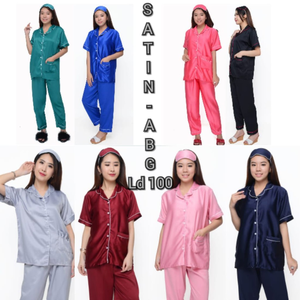 PAJAMAS SATIN WANITA REMAJA CELANA PANJANG LENGAN PENDEK STELAN BAJU TIDUR PIYAMA LD 100 SET PIAMA