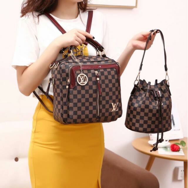 Tas Wanita Ransel LV  multi fungsi 8858#
( set mini bag serut ) Tas Import Tas Multifungsi
