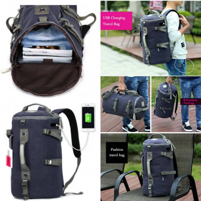 Tas Ransel Duffel Travel dengan USB Charger Port - Black Blue OMFB4KBJ