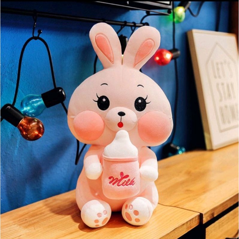 Boneka Kelinci Rabbit Pink Milk Bottle Pegang Dot Susu Bahan Plush Import Terbaru Imut Lucu