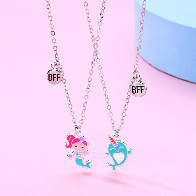 2pcs / Set Kalung Rantai Liontin Kartun Mermaid Lumba-Lumba Untuk Anak Perempuan