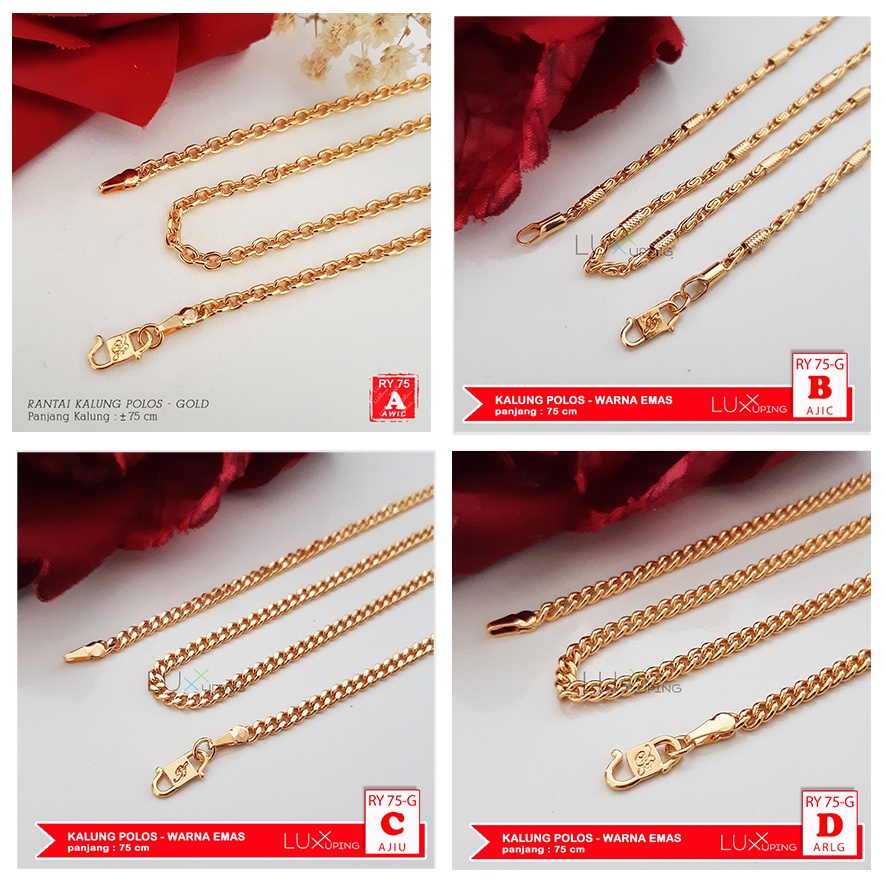 RY 75 Kalung Polos Tanpa Liontin Murah 75 CM Gold Emas Aksesoris Hijab Busana Muslimah Kalung Bawah Dada Paling Panjang Big Size Wanita Gemuk Jumbo Model Nuri Tebu Milano Kotak Tambang Milano Yaxiya Luxx Xuping