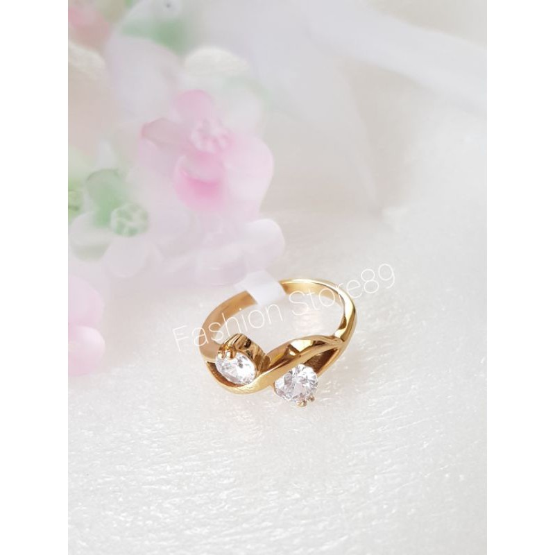 Cincin Titanium silver Double permata elegant cincin nikah halal impor titanium white 2permata putih