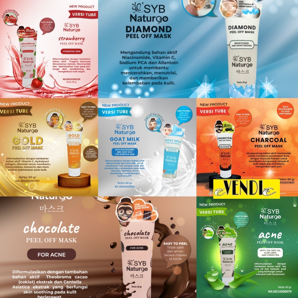 SYB Peel Off Mask Naturgo Tube 60gr masker wajah| varian diamond choco gold milk strawberry acne