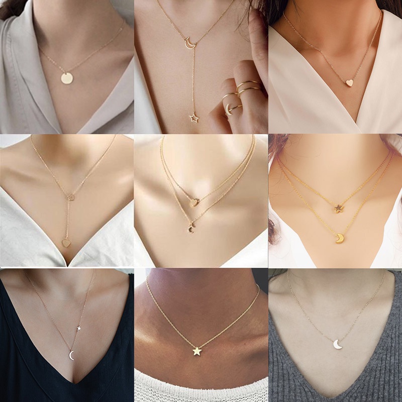 [ACKER] Mode Wanita Multilayer Jantung Bulan Liontin Kalung Kombinasi Rantai Klavikula