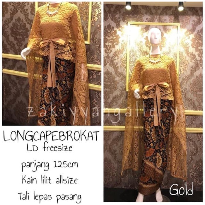 set kebaya brokat Long Cape Panjang Brokat warna gold