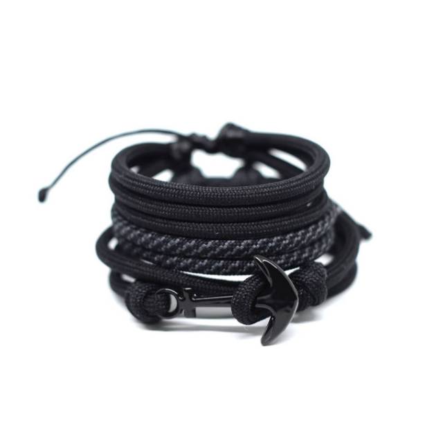 Gelang Pria Satu Paket Jangkar Tali Paracord Hitam Polos Bracelet Cowok BG17