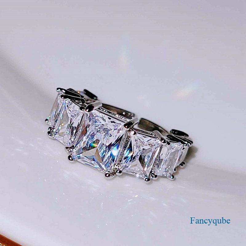 Fancyqube Cincin Berlian Imitasi Bentuk Kotak Warna Silver Model Terbuka Dapat Disesuaikan Untuk Wanita