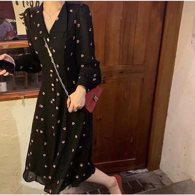 Maxi Dress Wanita Motif Floral Lengan Panjang Vintage Pattern Dress Korea Black White Flower