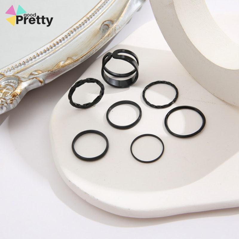 7pcs Cincin Korea Hitam Gaya Punk Aesthetic Cincin Titanium Pria Keren Untuk Wanita Ring Jewelry - PD