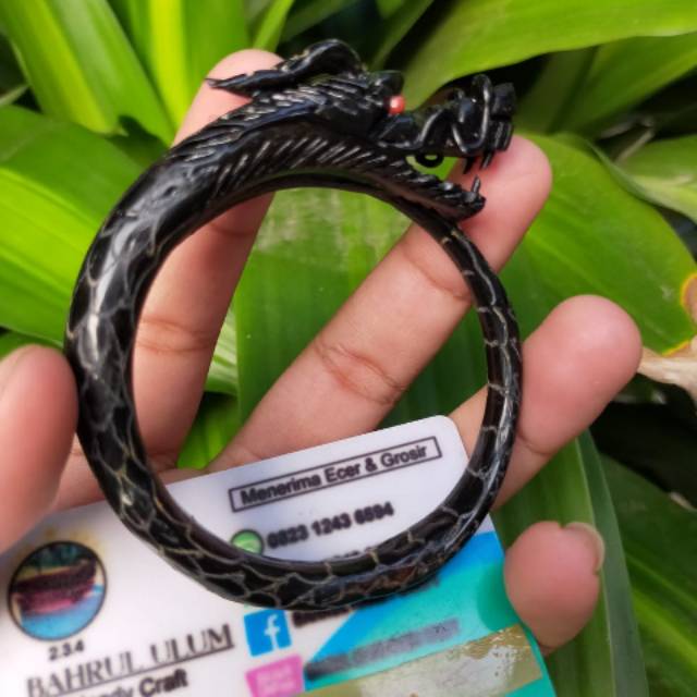 Gelang kayu akar bahar hitam lentur ukir naga full sisik original