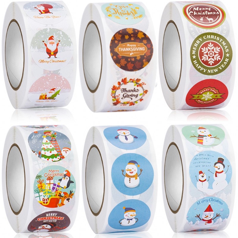 500pcs / roll Stiker Label Segel Motif Kartun Santa Claus / Rusa / Lonceng Untuk Dekorasi Natal / Thanksgiving