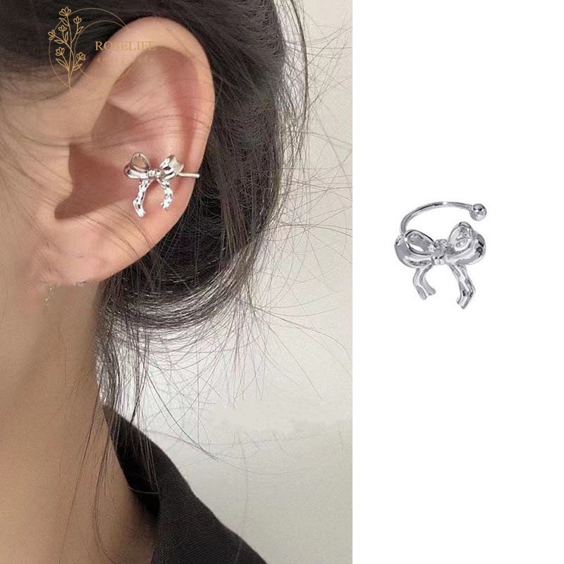 Roselife 1pc Anting Klip Tanpa Tindik Desain Pita Metal Gaya Korea Untuk Wanita