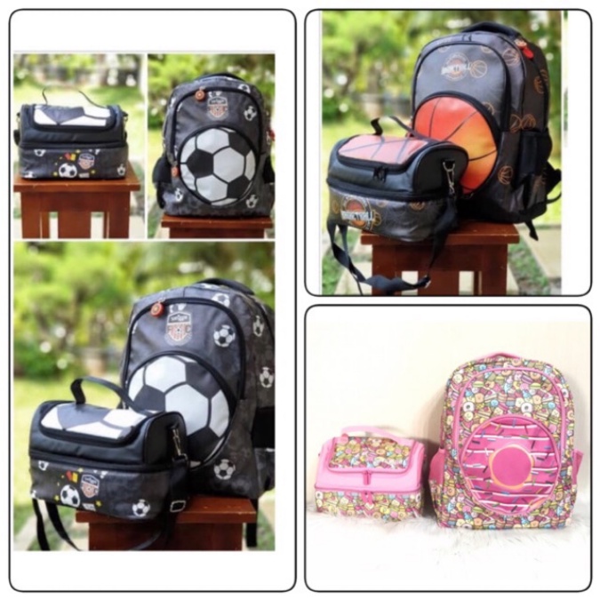 

Tas Ransel Sekolah Motif Bola Free Lunch Bag ,Backpack Anak Dengan Tas Makan Double Decker