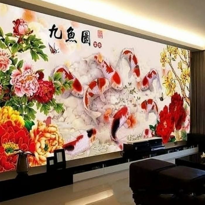 Lukisan | Paket Kristik 9 Ikan Koi Dan Bunga Peoni Merah Emas