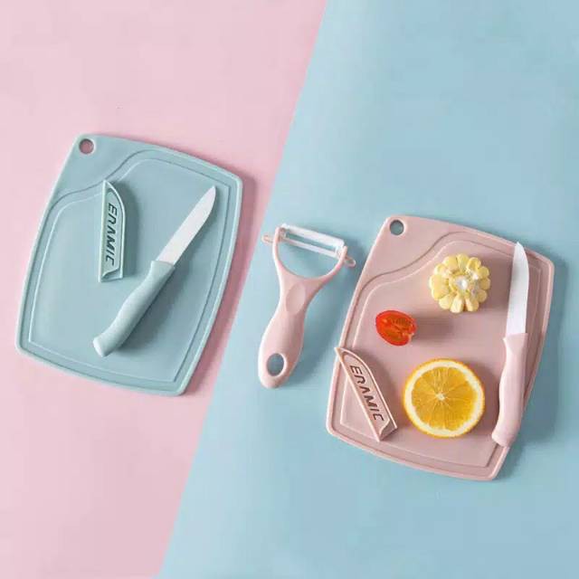 TERBARU!! Set Alat Dapur Pisau Kupas Buah Telenan Mini 3 in 1 Unik Lucu Warna Pink Biru Hijau