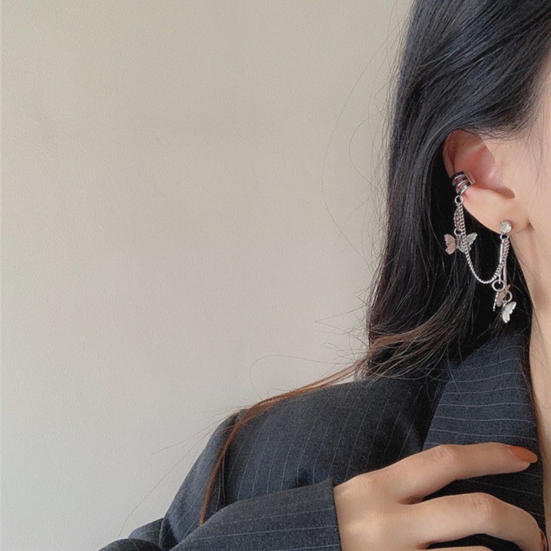 Anting Klip Tanpa Tindik Desain Kupu-Kupu Rumbai Gaya Retro Korea Untuk Wanita