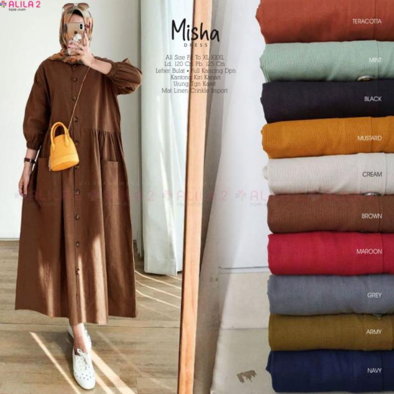 MISHA DRESS MIDI ALILA / MISHA 1 2 MIDI DRESS KATUN LINEN CRINKLE IMPORT LD120 JUMBO LONGTUNIK GAMIS