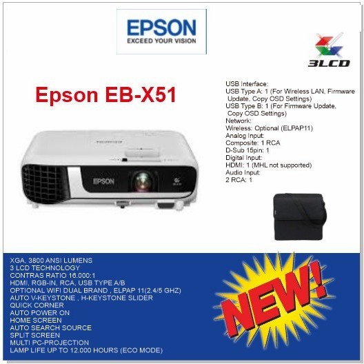 PROJECTOR EPSON EB-X51 XGA 3800 LUMENS D SUB HDMI - PROYEKTOR EPSON EB X51