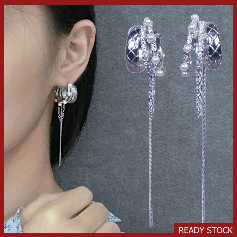 Anting Gantung Panjang Model Rumbai Dengan Mutiara Warna Silver Untuk Wanita