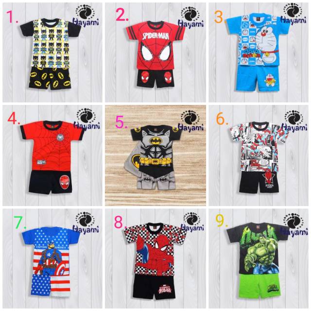 Setelan Baju Kaos Anak Umur 1 - 11 Tahun Superhero Spiderman Captain America Batman Doraemon Murah