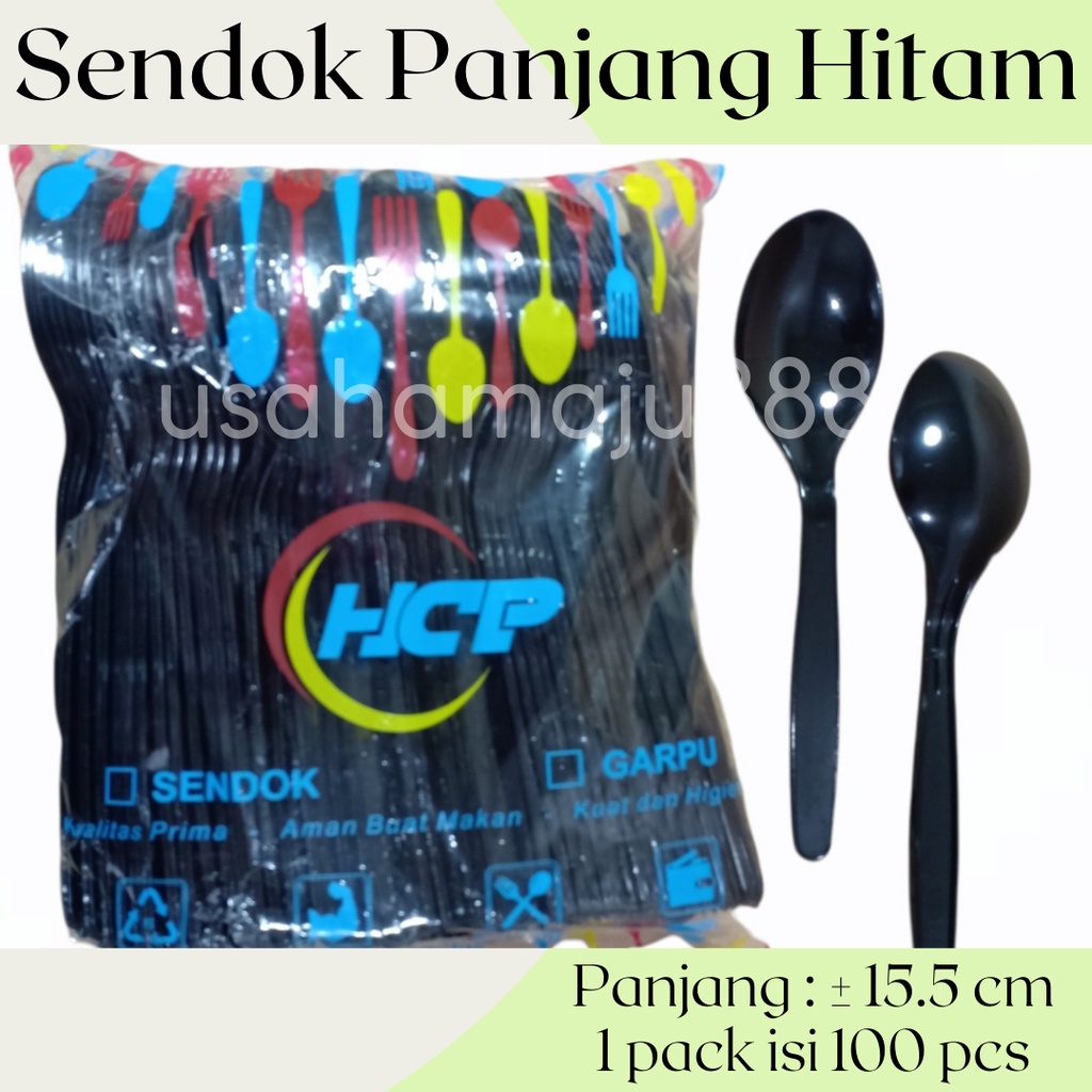 (100pcs) Sendok Panjang Hitam HCP / Sendok Makan Plastik Murah Bagus Kilat