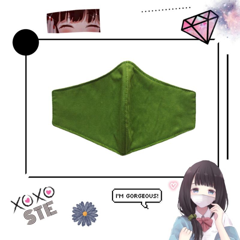 Masker Cewek Eiko | HIJAU HITAM • Masker Kain Katun 3 Ply Motif Lucu • Masker Hijab Earloop SNI