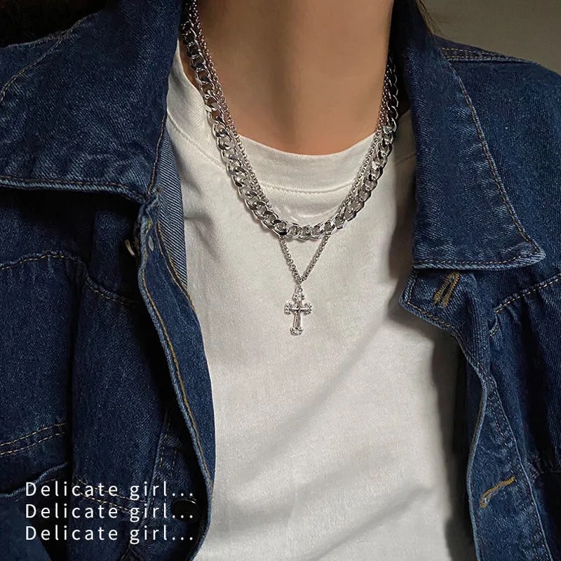 Unisex cross pendant necklace hip hop double clavicle chain for women