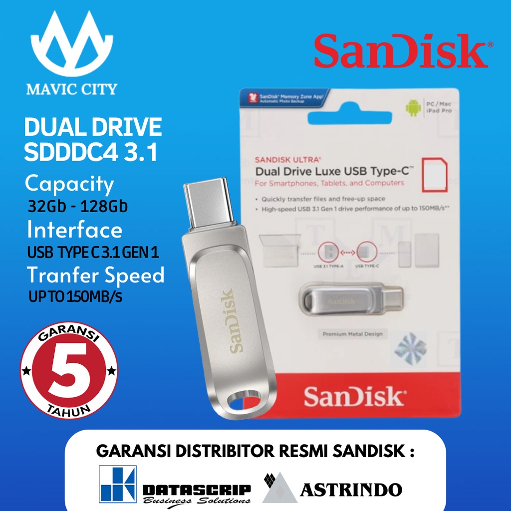 Flashdisk OTG Sandisk 32GB, 64GB, 128GB Ultra Dual Drive Luxe SDDDC4 USB Type C Flash Disk Original