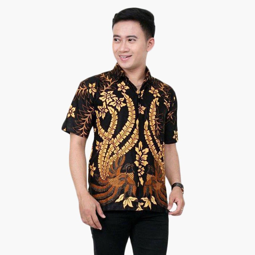 KEMEJA BATIK PRIA MODERN LENGAN PENDEK MOTIF BURUNG MERAK